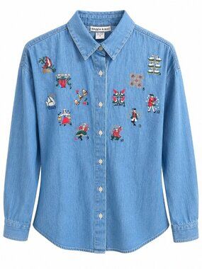 Maggie & Max 12 Days Of Christmas Embroidered Denim Shirt Womens L Button-Up Lon